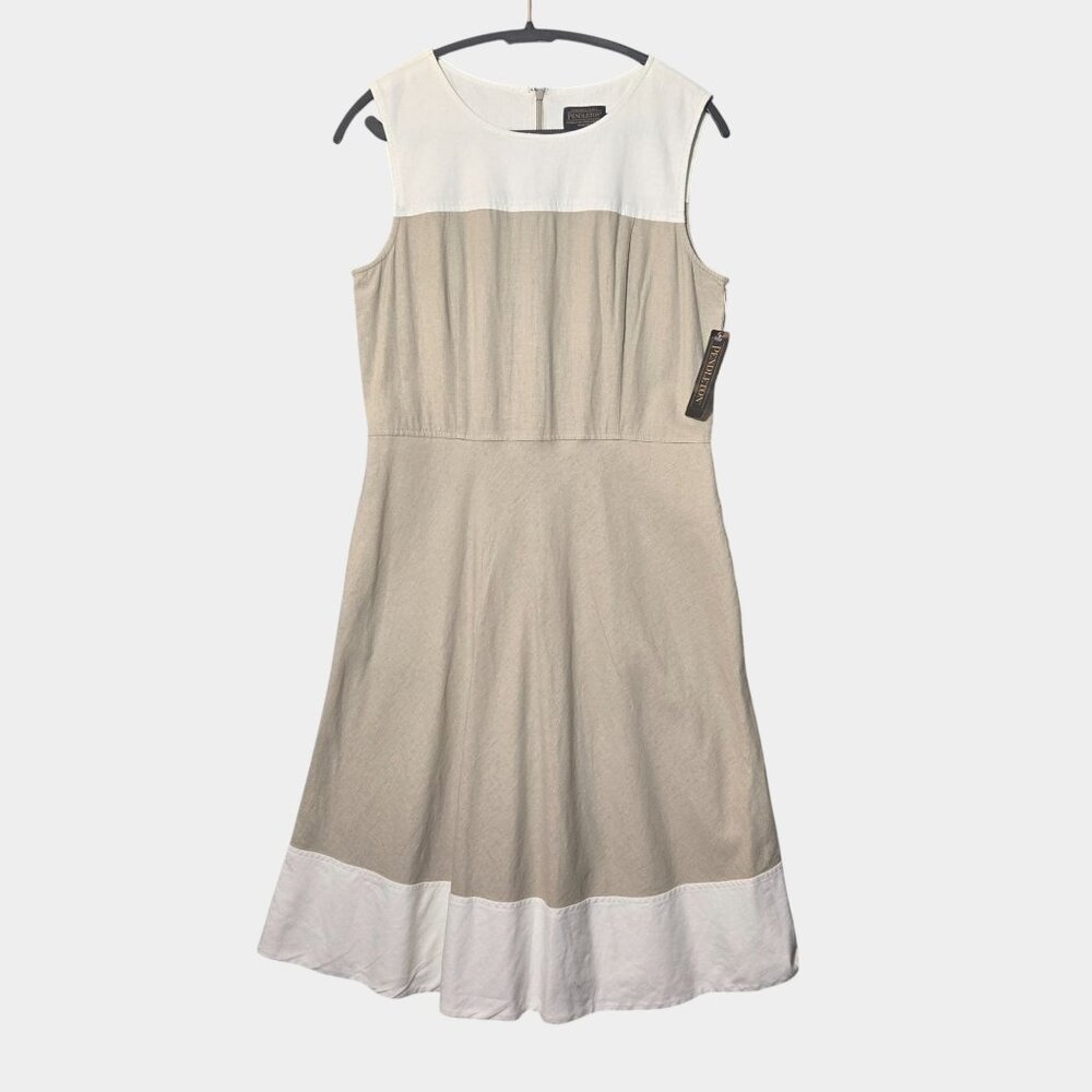 Pendleton Linen Blend Colorblock Sleeveless Dress 10 Tan Ivory Minimalist NWT